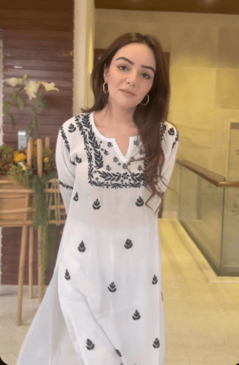 Nishtha in Noor HOK Muslin Chikankari kurti for Women- White With Black
